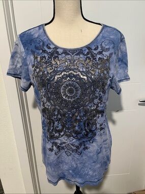 Y2K Blue Design Medallion Tie Dye Short Sleeve Shirt 2000’s